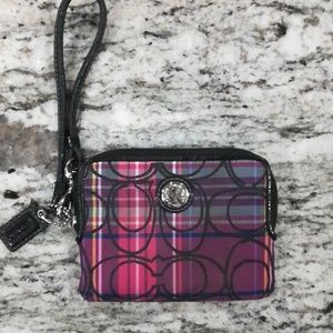 Pink purple and black plaid coach small wristlet